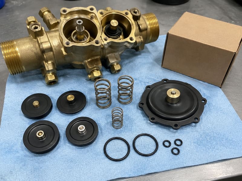 Backflow preventer repair parts laid out next to an open assembly