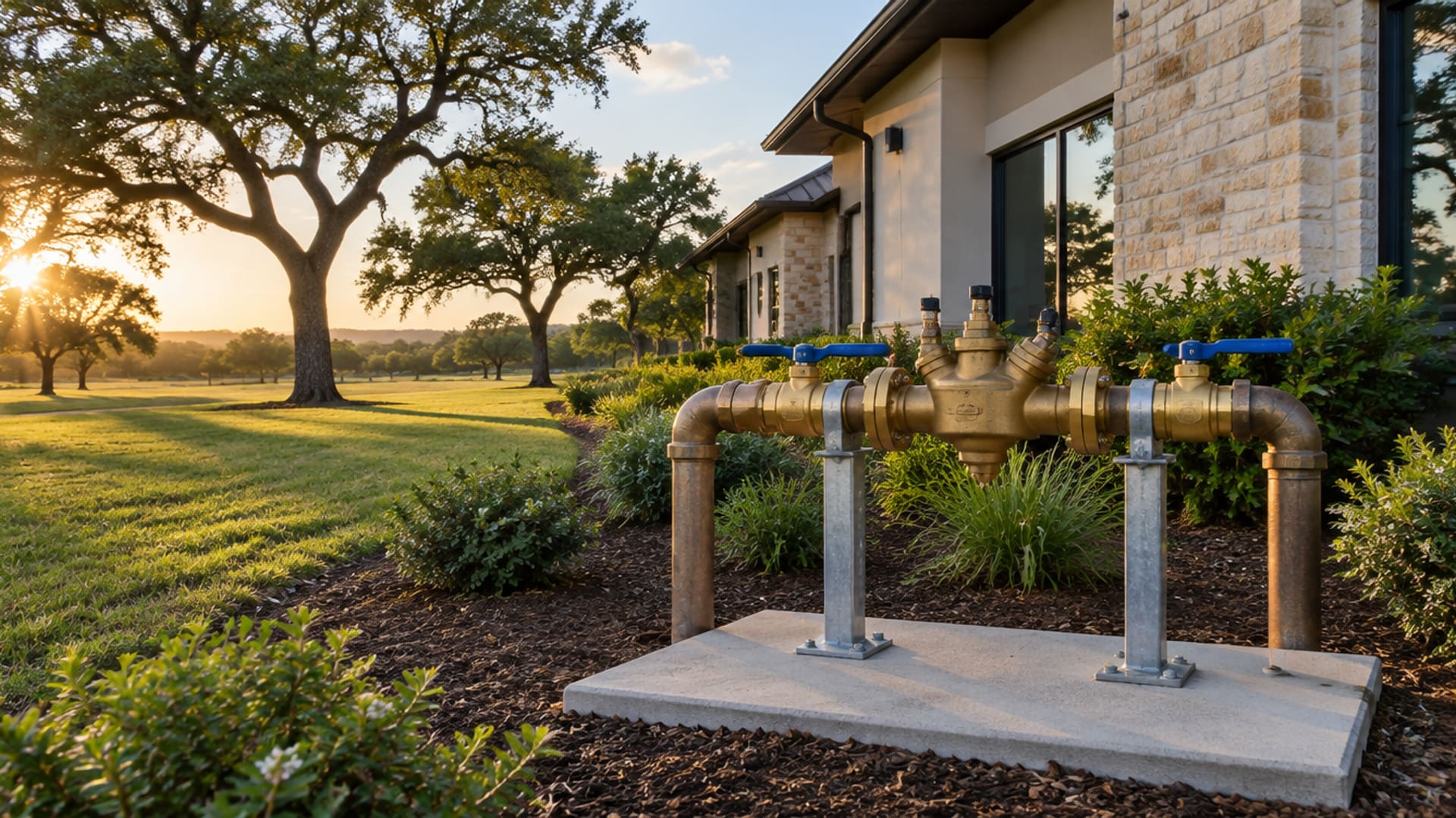 Backflow preventer assembly outside a commercial building in Killeen, Texas